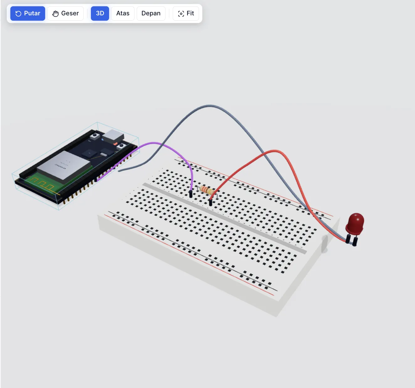 Simulator IDN Maker Space menampilkan ESP32, breadboard, resistor, dan LED yang dirangkai secara virtual